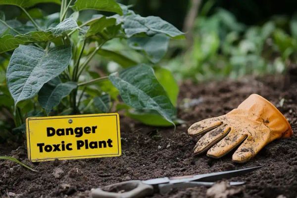 A warning sign next to a datura plant